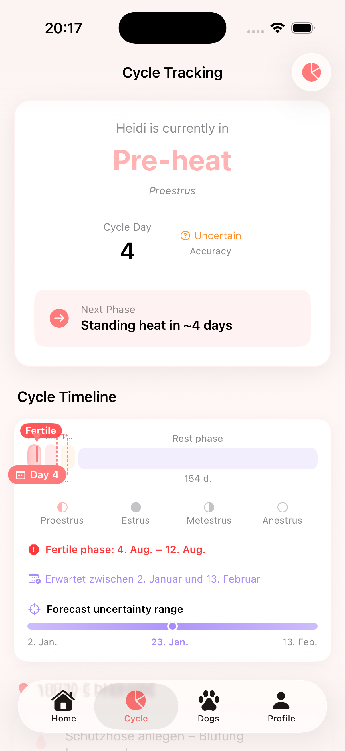 DogCycle cycle tracking view on iPhone