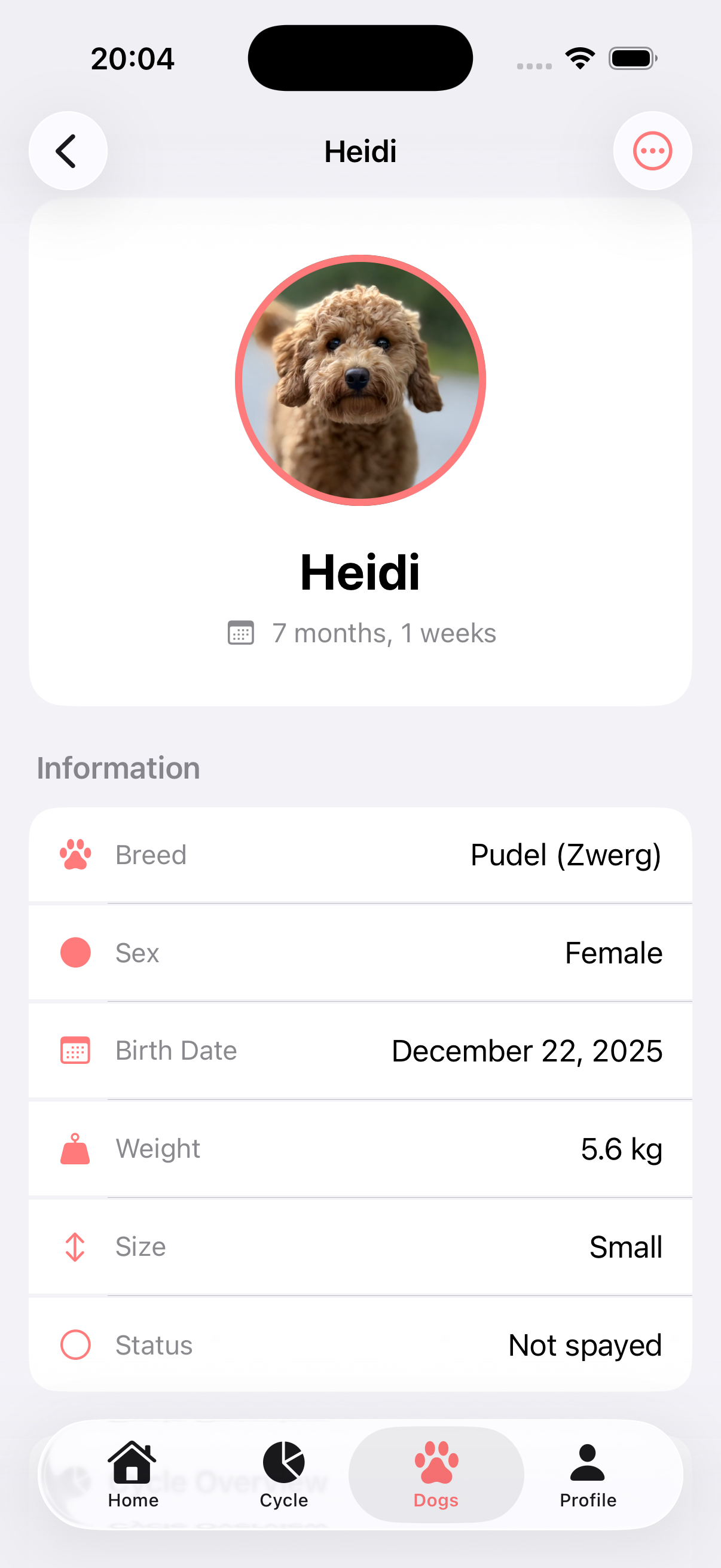 DogCycle dog profile showing personal information for a dog named Heidi